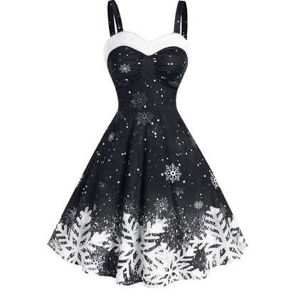 Merry Christmas Suspender Straps Snowflake Women Dresses