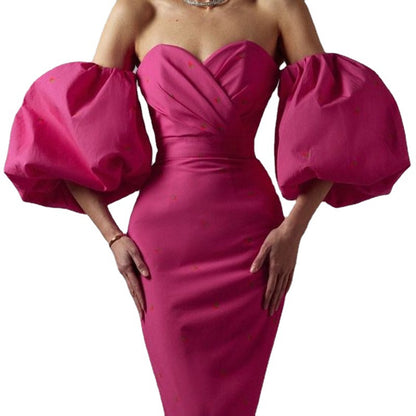 Sexy Strapless High Waist Puff Sleeves Strawberry Dresses