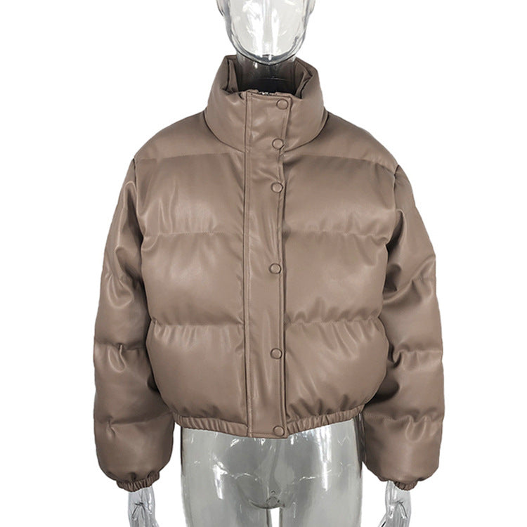 Fashion Casual Women PU Short Cotton Padded Overcoat