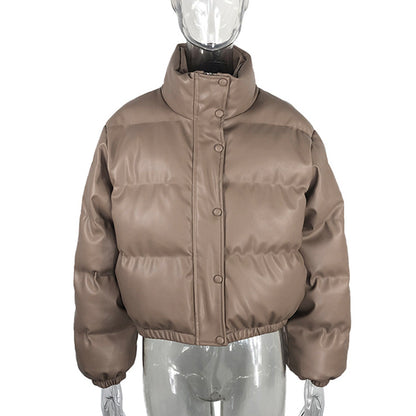 Fashion Casual Women PU Short Cotton Padded Overcoat