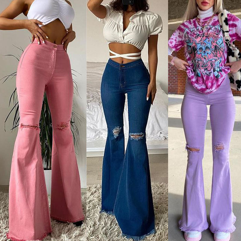 Sexy Broken Holes Trumpet Elastic Jeans