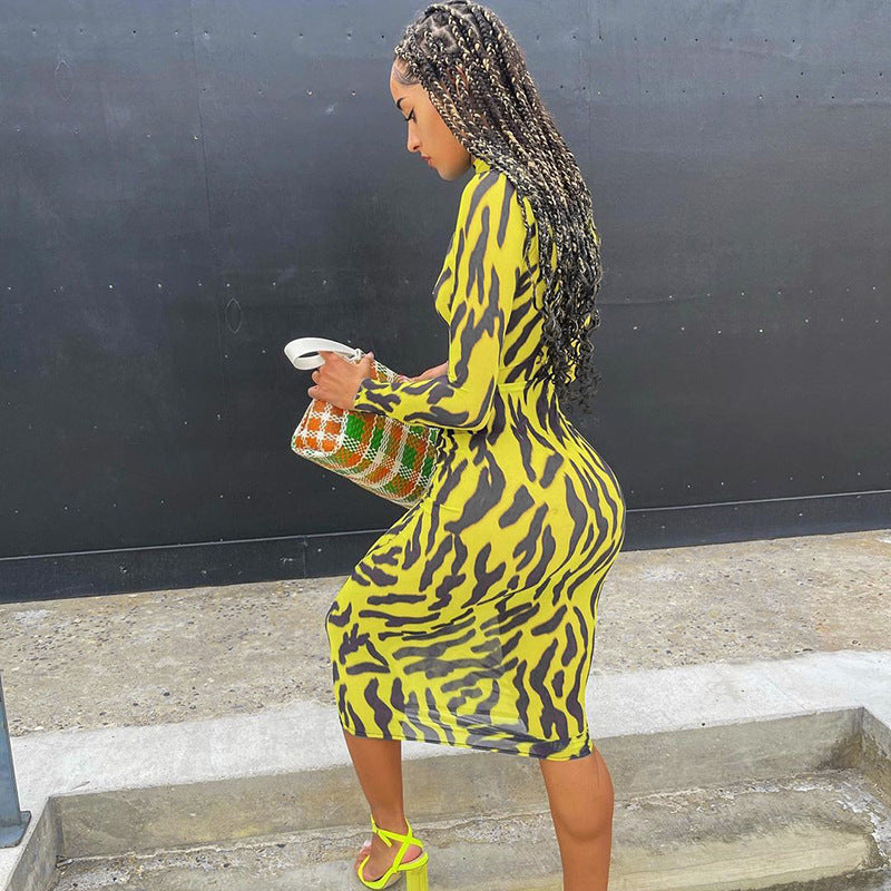 Sexy High Neck Yellow Leopard Long Sleeves Women Dresses