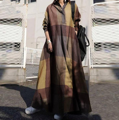 Women Vintage Linen Plus Sizes Long Cozy Dresses-STYLEGOING