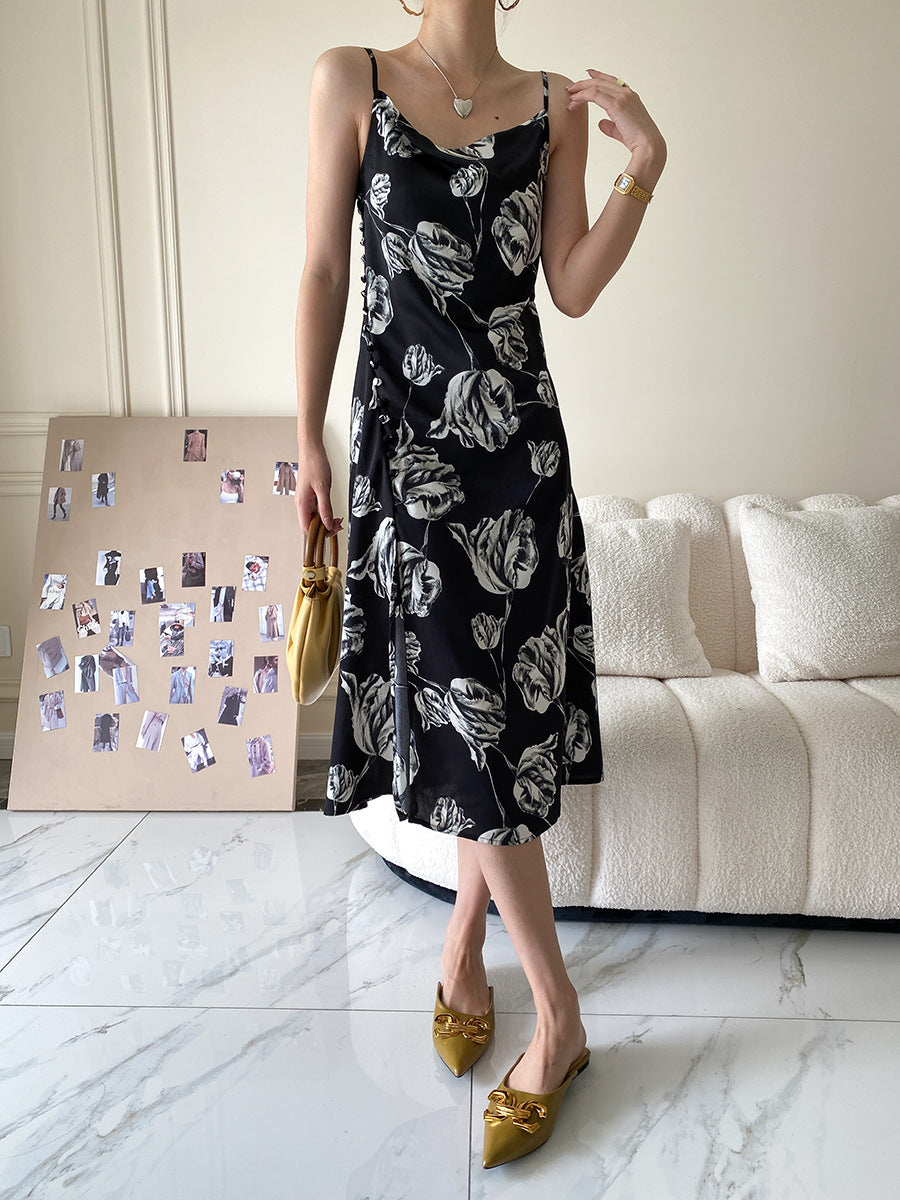 Vintage Floral Design Satin Summer Sleeveless Sun Dresses