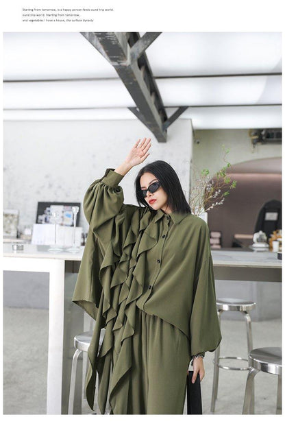 Retro Women Ruffles Top&Loose Pants-STYLEGOING
