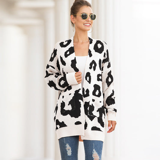 Women Leopard Design Pockets Knitting Cardigans