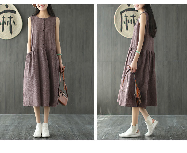 Vintage Sleeveless Linen Summer Midi Dresses