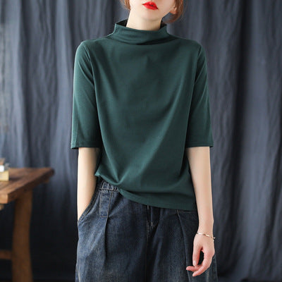 Vintage Half Sleeves Women High Neck T Shirts