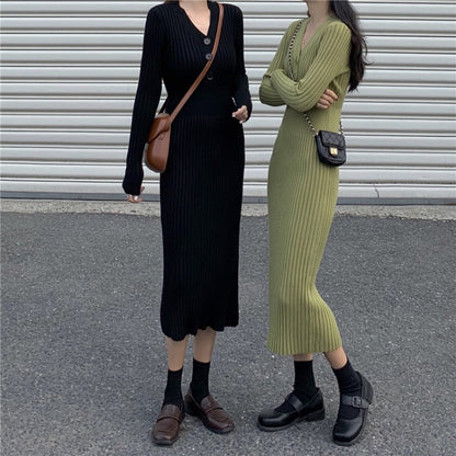 Sexy V Neck Knitted Bodycon Long Dresses