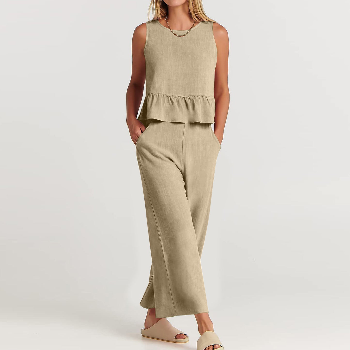 Summer Sleeveless Linen Two Pieces Women Suits