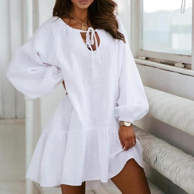 Women Lace Up Linen Long Sleeves Short Dresses-STYLEGOING