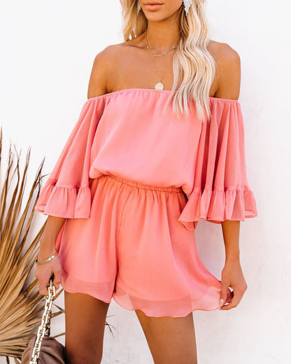 Summer Chiffon Off The Shoulder Tops & Pants Suits