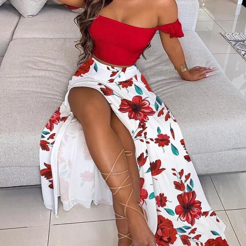 Sexy Off The Shoulder Split Front Two Pieces Dresses-STYLEGOING