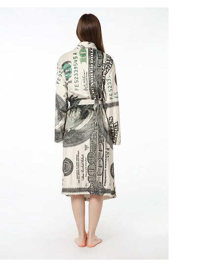 Casual Dollar Print Fleece Warm Sleepwear Night Gown