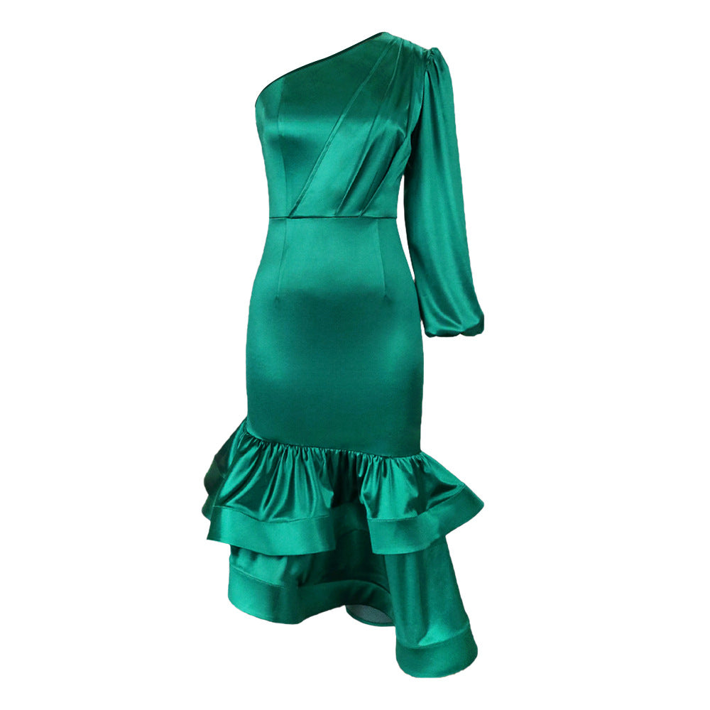 Designed One Shoulder Irregular Green Evening Party Dresses