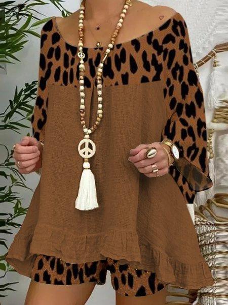 Plus Size Sumemr Leopard Linen Blouses&Shorts Suits-STYLEGOING