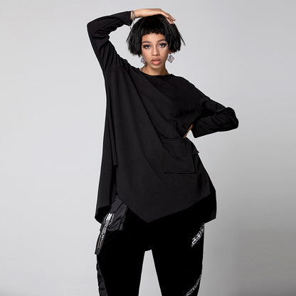 Black Round Neck Irregular Women Long Sleeves T Shirts