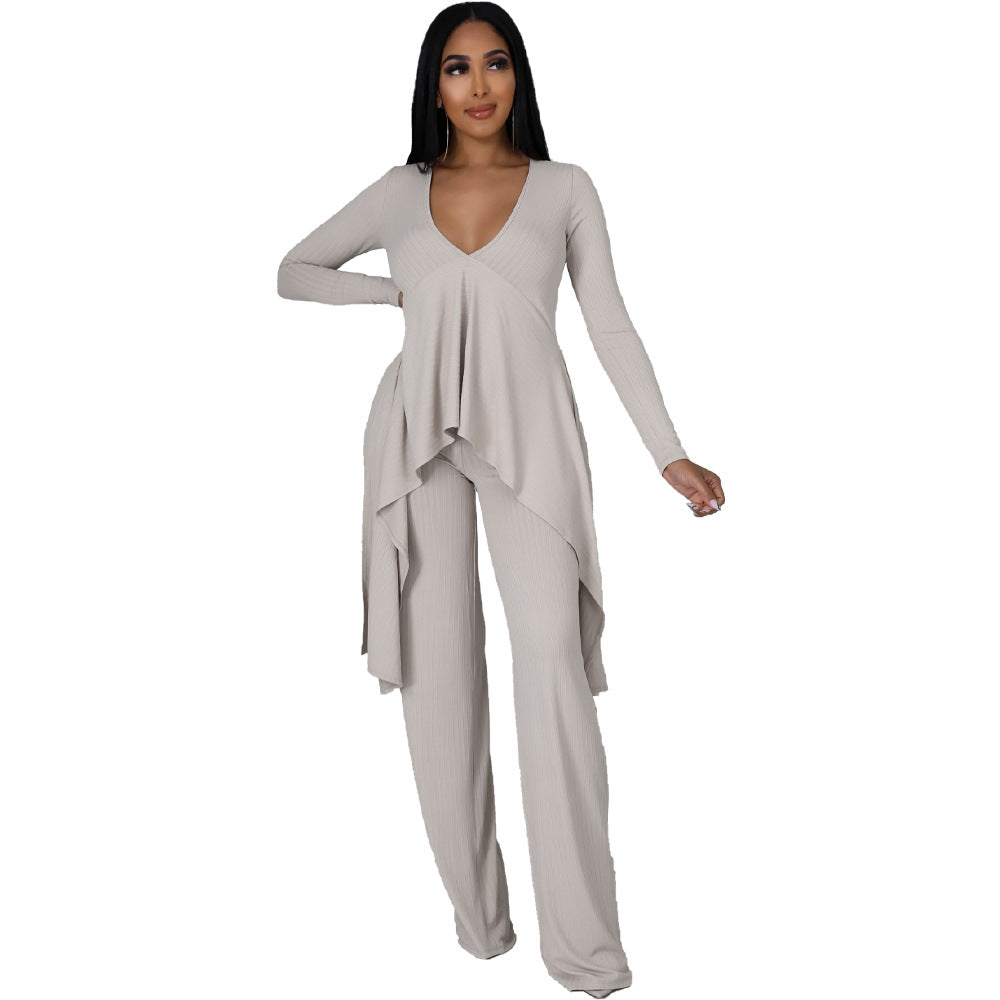 Sexy Long Sleeves Irregular Tops and Pants Set for Women