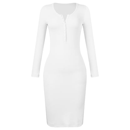 Elegant Button Design Long Sleeves Dresses