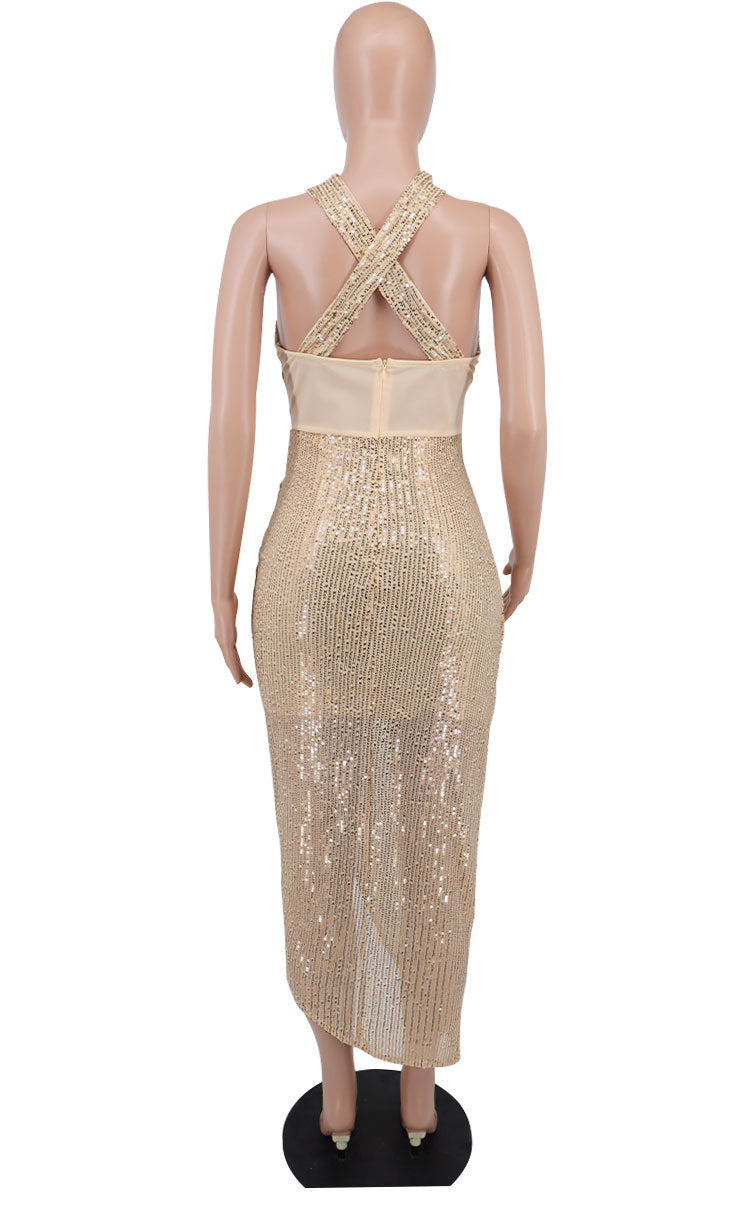 Sexy Sequined Halter Split Front Women Party Dresses