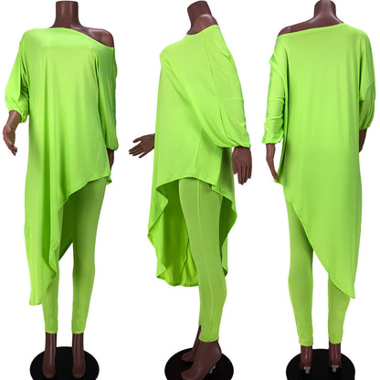 One Shoulder Irregular Bat Sleeves Tops&pants Suits