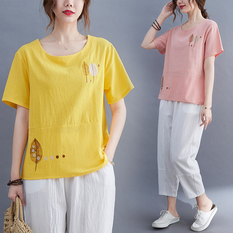 Casual Linen Short Sleeves Women Blouses