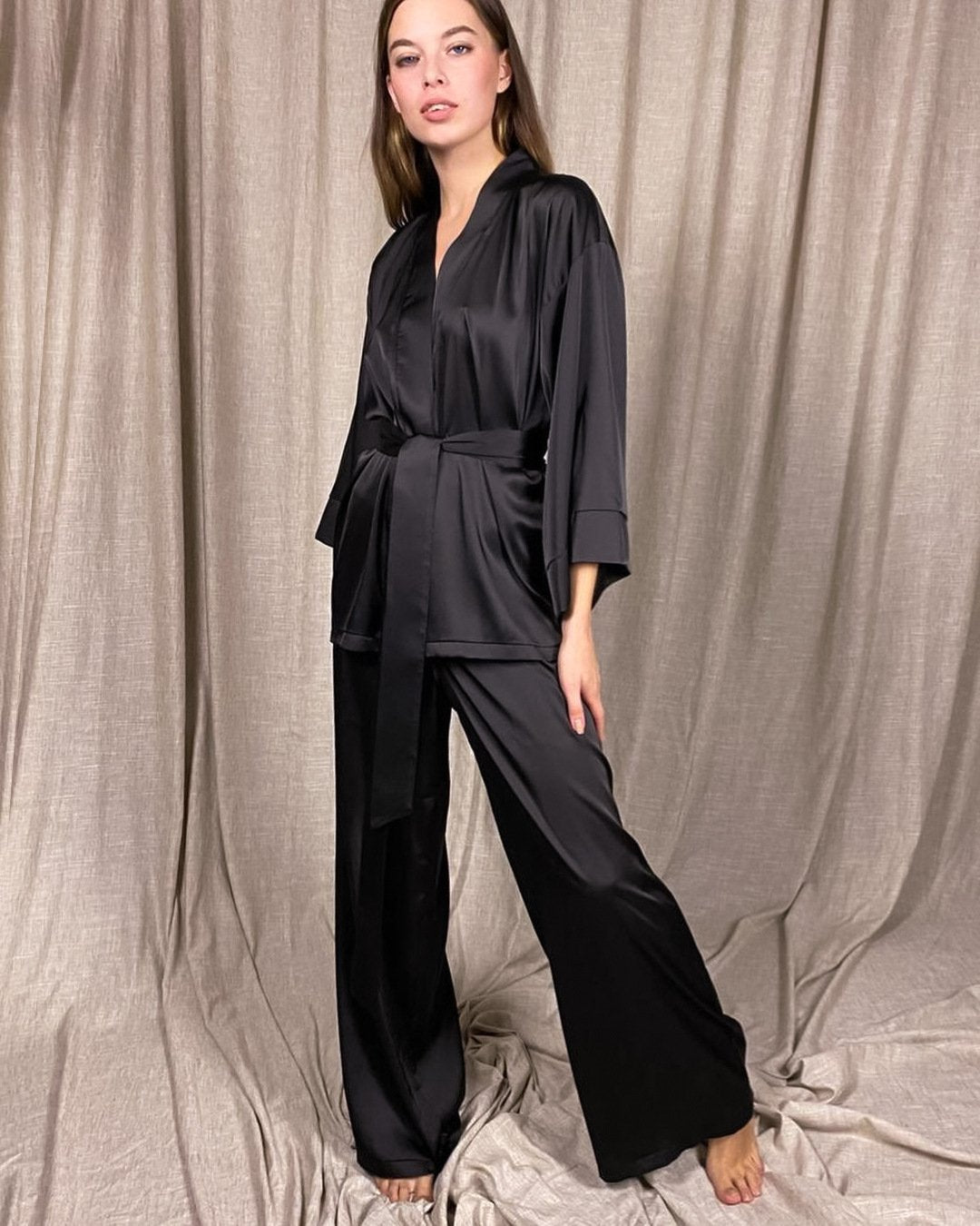 Women Satin Lace Up Fall Sleepwear Suits for Women