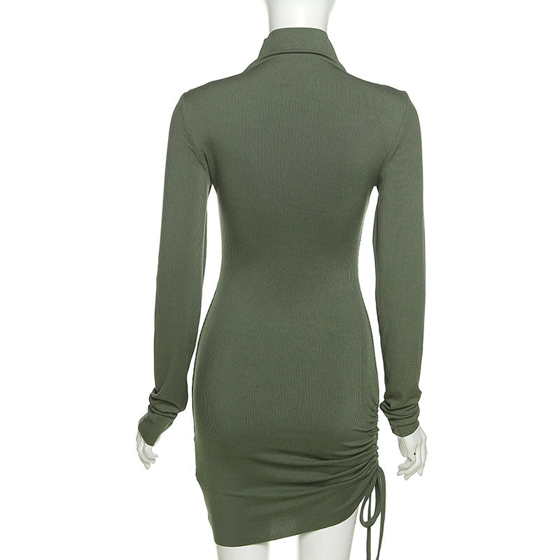 Sexy Women High Neck Drawstring Bodycon Fall Short Dresses