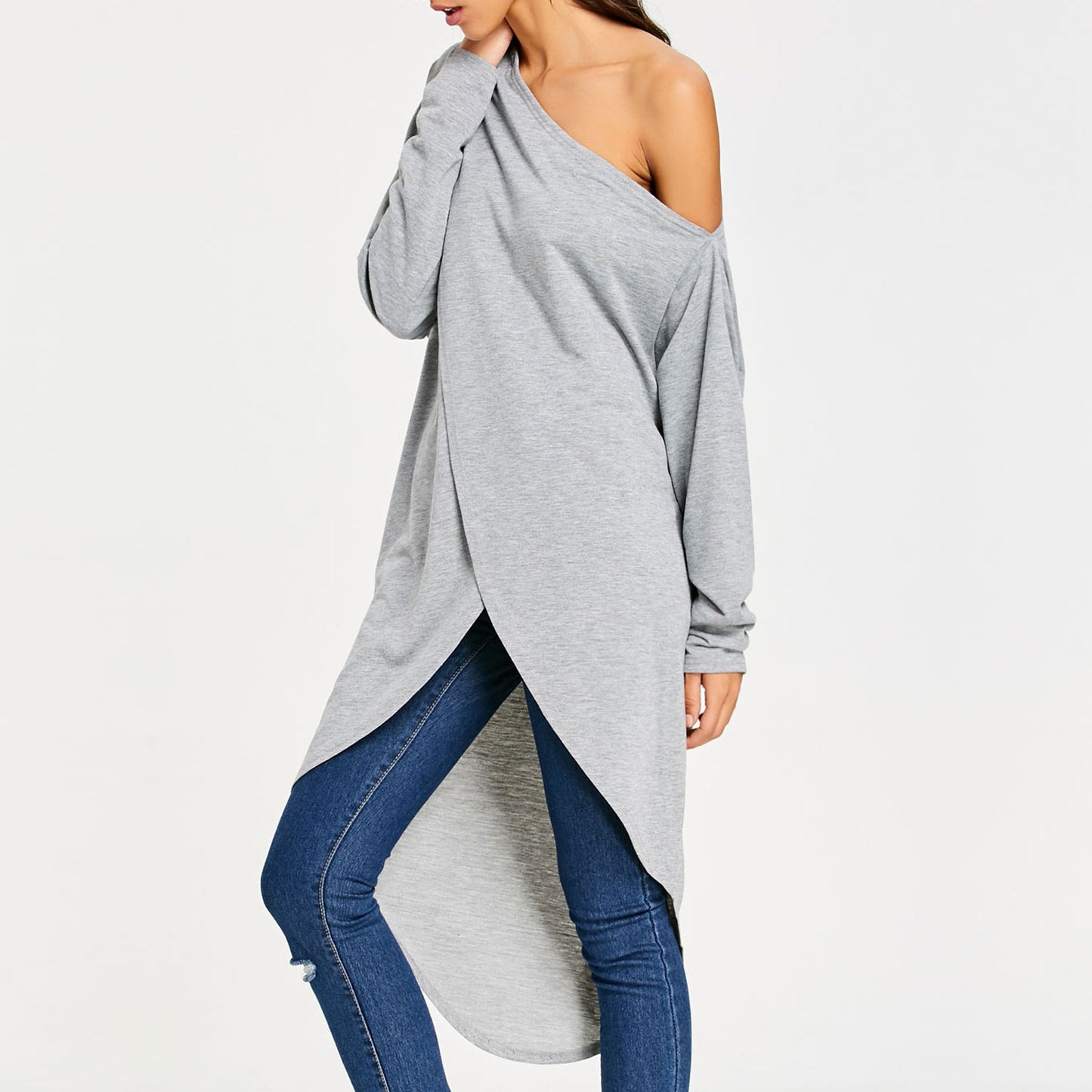 Casual Gray Irregular One Shoulder Long Sleeves Tops