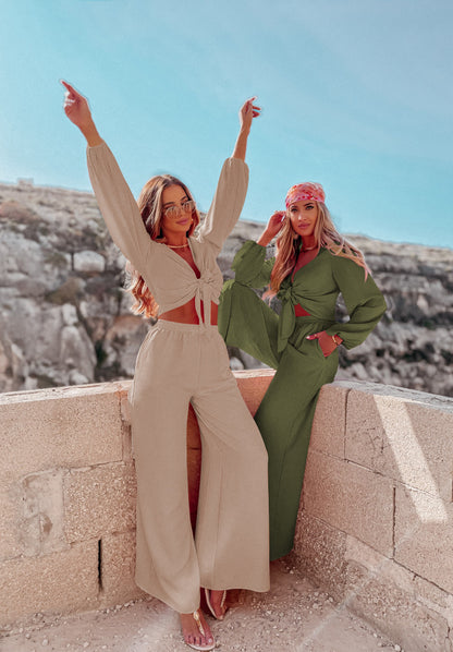 Sexy Long Sleeves Tops & Wide Legs Pants Women Suits