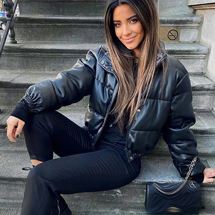 Fashion Casual Women PU Short Cotton Padded Overcoat