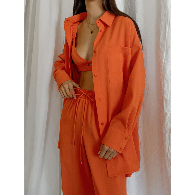 Casual Long Sleeves Shirts and Wide Legs Pants Suits