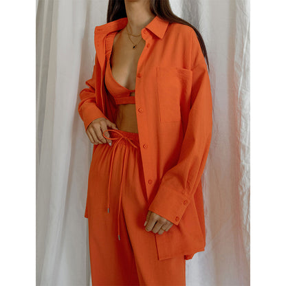 Casual Long Sleeves Shirts and Wide Legs Pants Suits