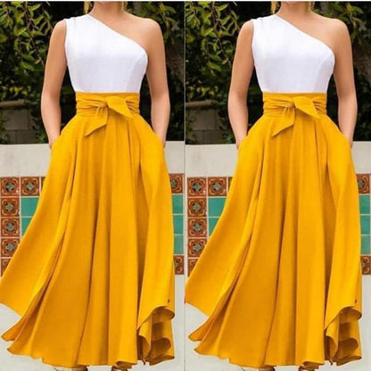 One Shoulder Sleeveless Belt Long Dresses-STYLEGOING