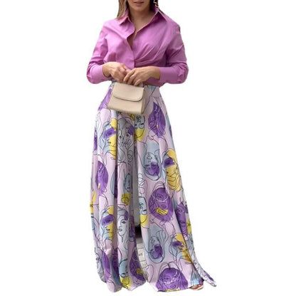 Summer Casual Long Sleeves Shirts and Wide Leg Pants Women Suits