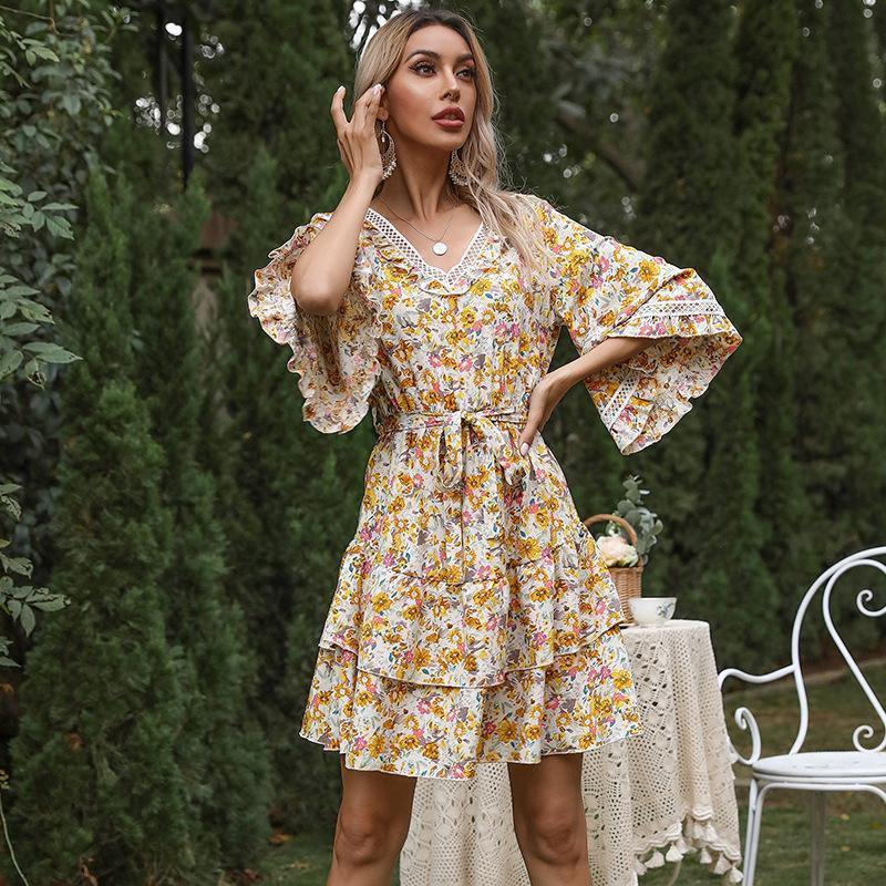 Summer Bell Sleeves Ruffled Short Dresses-STYLEGOING
