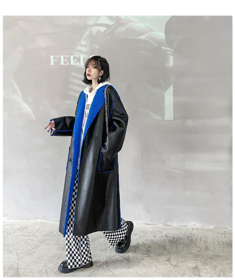 Reversible Leather Fur Thicken Winter Blazer Long Overcoat