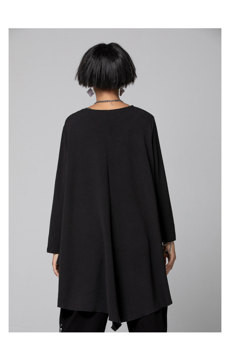 Black Round Neck Irregular Women Long Sleeves T Shirts