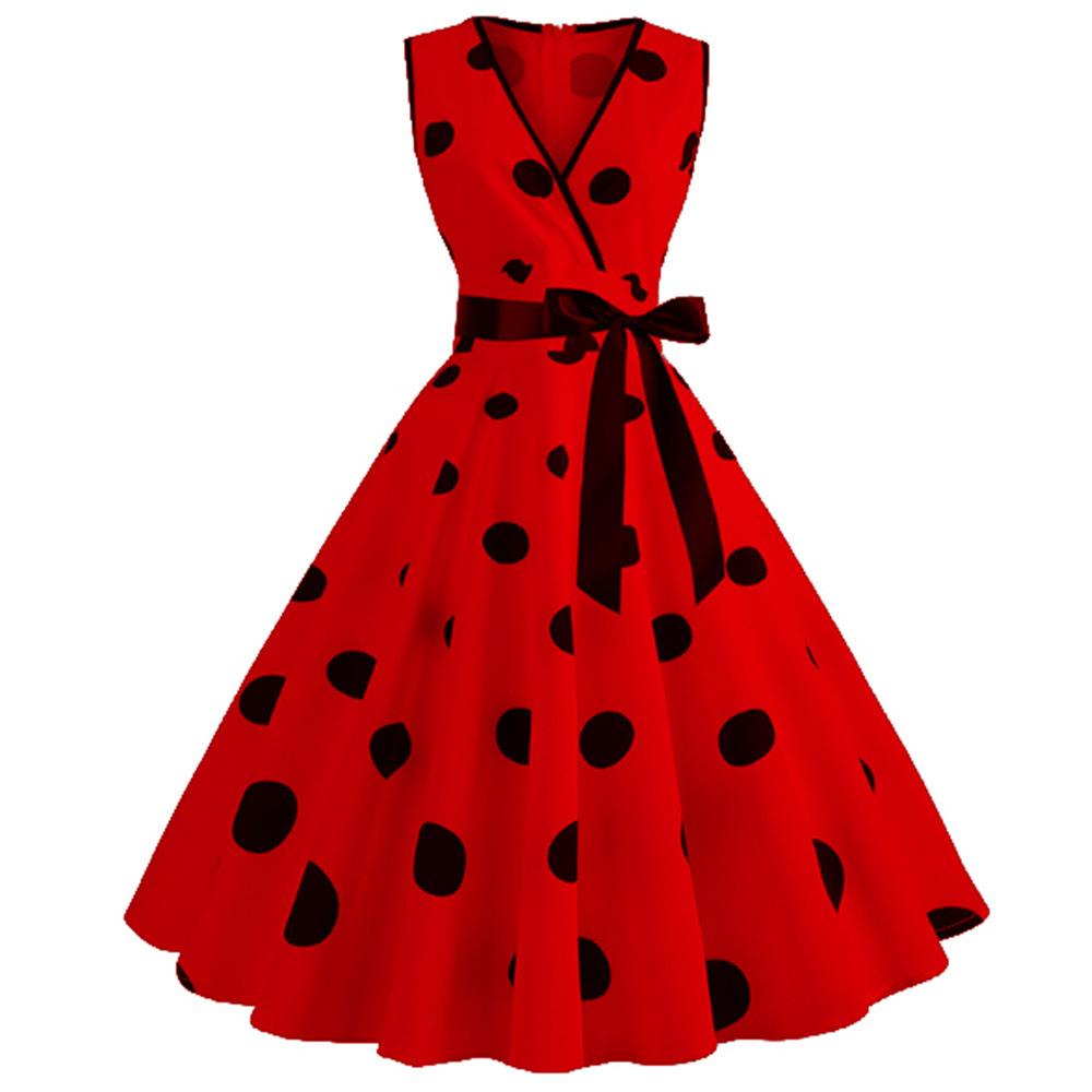 Casaul Sleeveless Dot Print Vintage Dresses-STYLEGOING