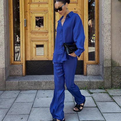 Casual Blue Two Pieces Long Sleeves Shirts and Pants Suits