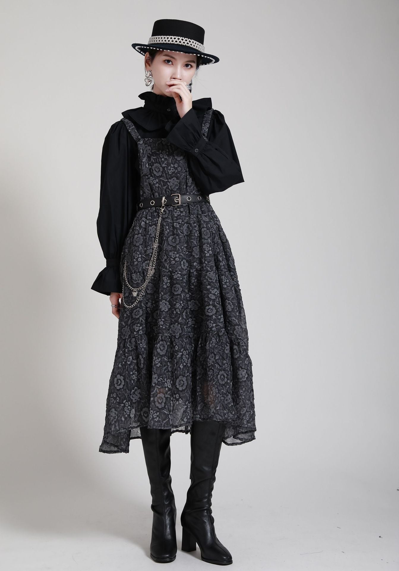 Black Adjustable Strap Floral Women Fall Dresses