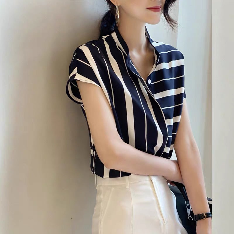 Women Chiffon Striped Stand Collar Short Sleeves T Shirts