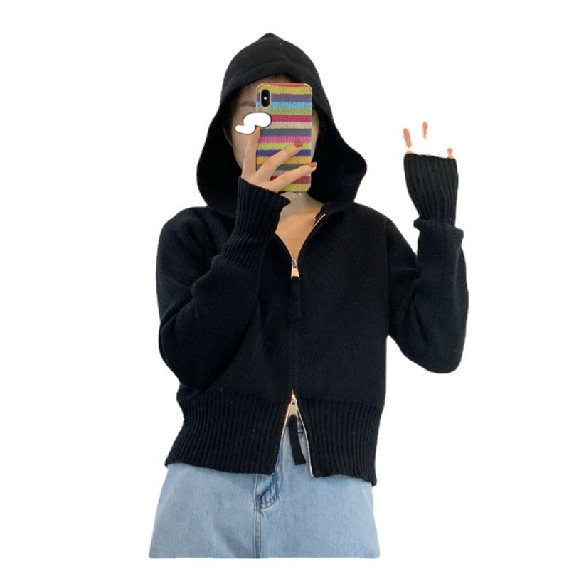 Casual Double Zipper Knitting Hoodies Sweaters