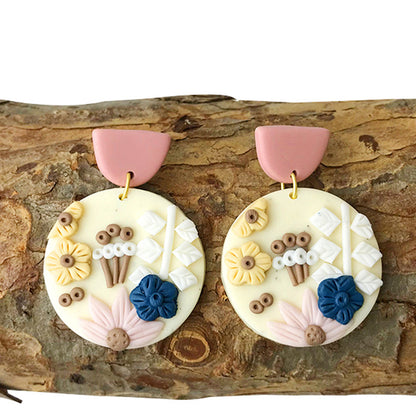 Engraved Flowers Handmade Clay Earrings for Women
