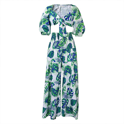 Casual Leaf Print Two Pieces Women Suits