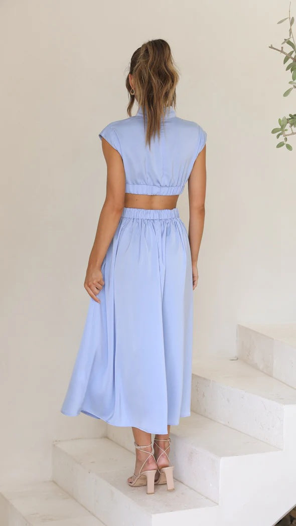 Fashion Stand Collar Waist Baring Summer Long Dresses