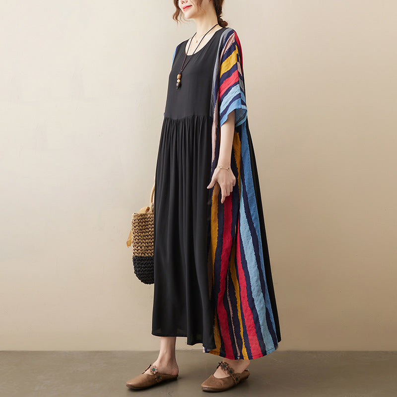 Vintage Striped Short Sleeves Long Cozy Dresses