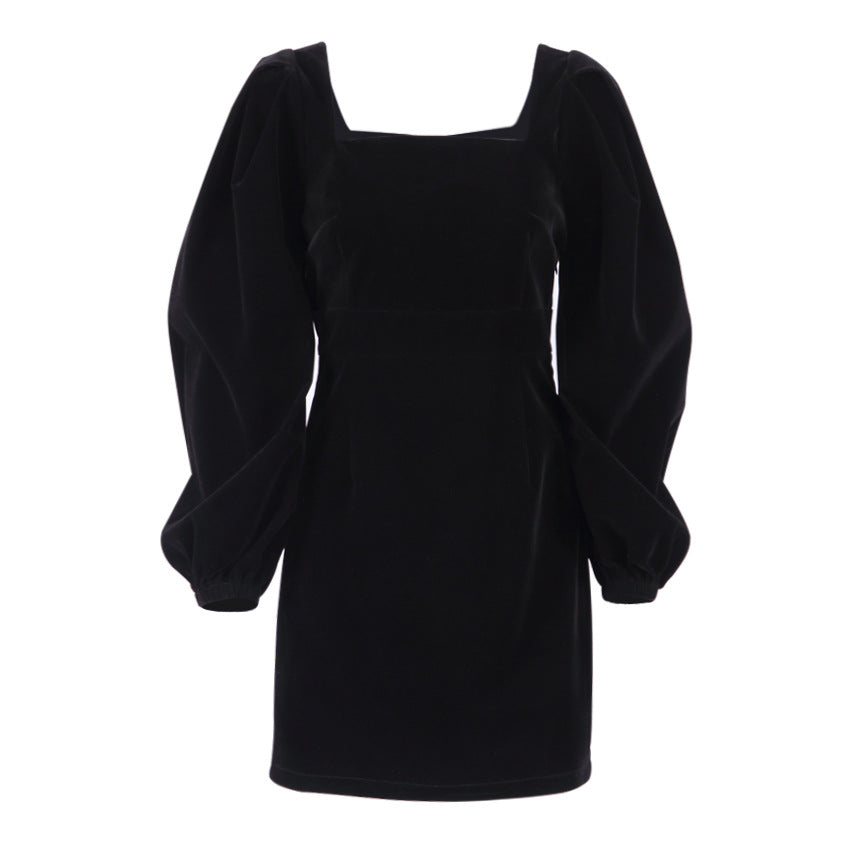 Women Puff Sleeves Black Fall Short Dresses