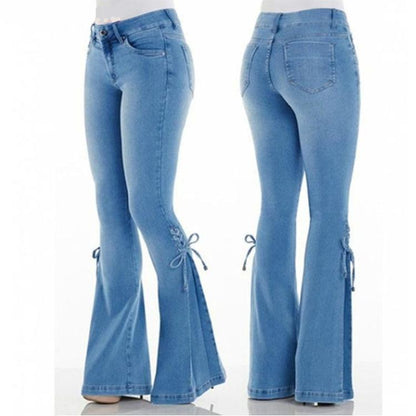 Casual Women Natural Waist Elastic Trumpet Denim Jeans-Dark Blue-S-Free Shipping at meselling99