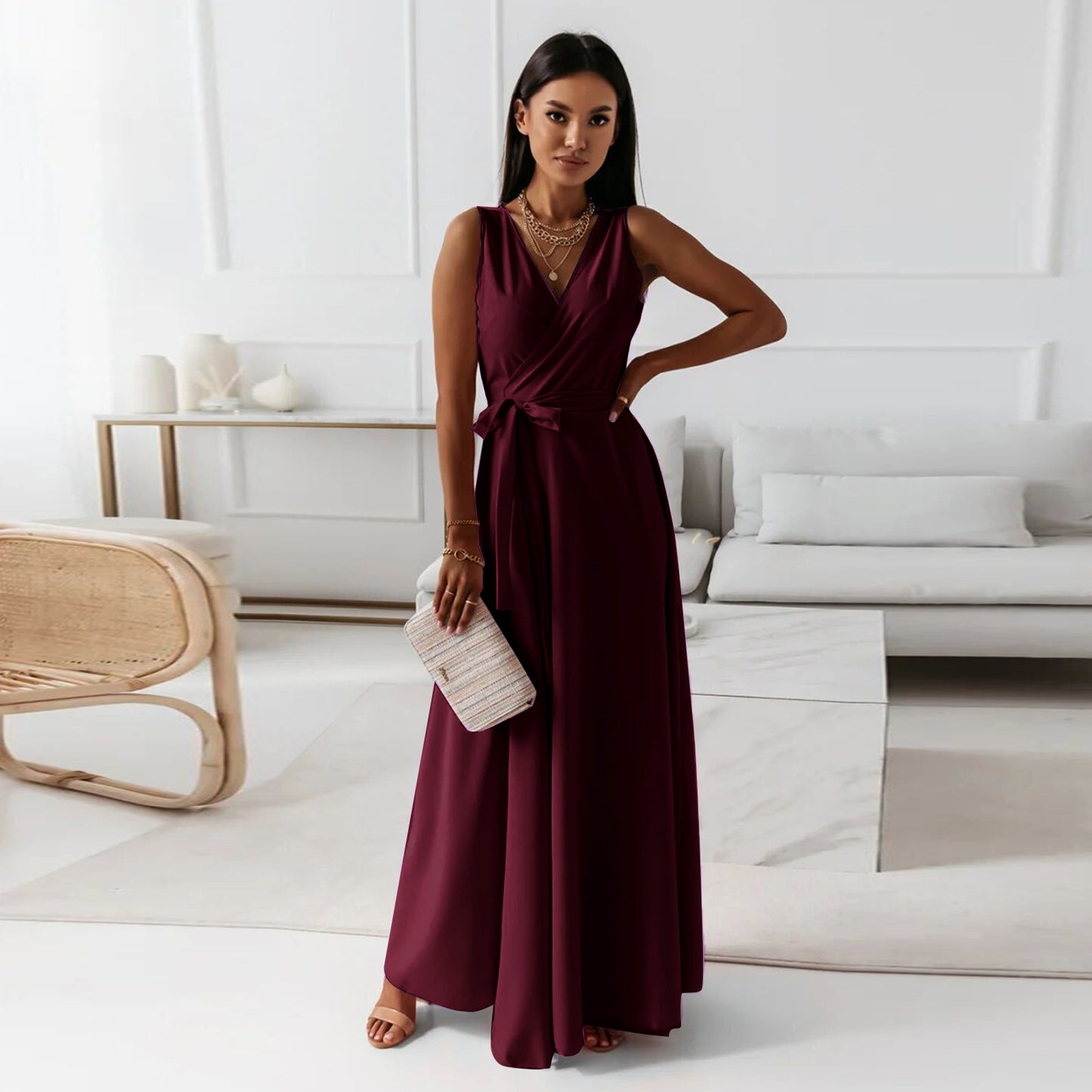 Simple Design V Neck Long Evening Party Dresses